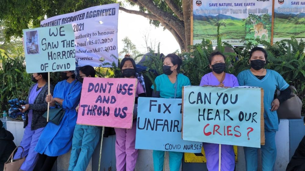 Protesting nurses in their scrub suits as the DRAN began the 2nd phase of agitation on November 14 in Kohima. (Morung Photo)