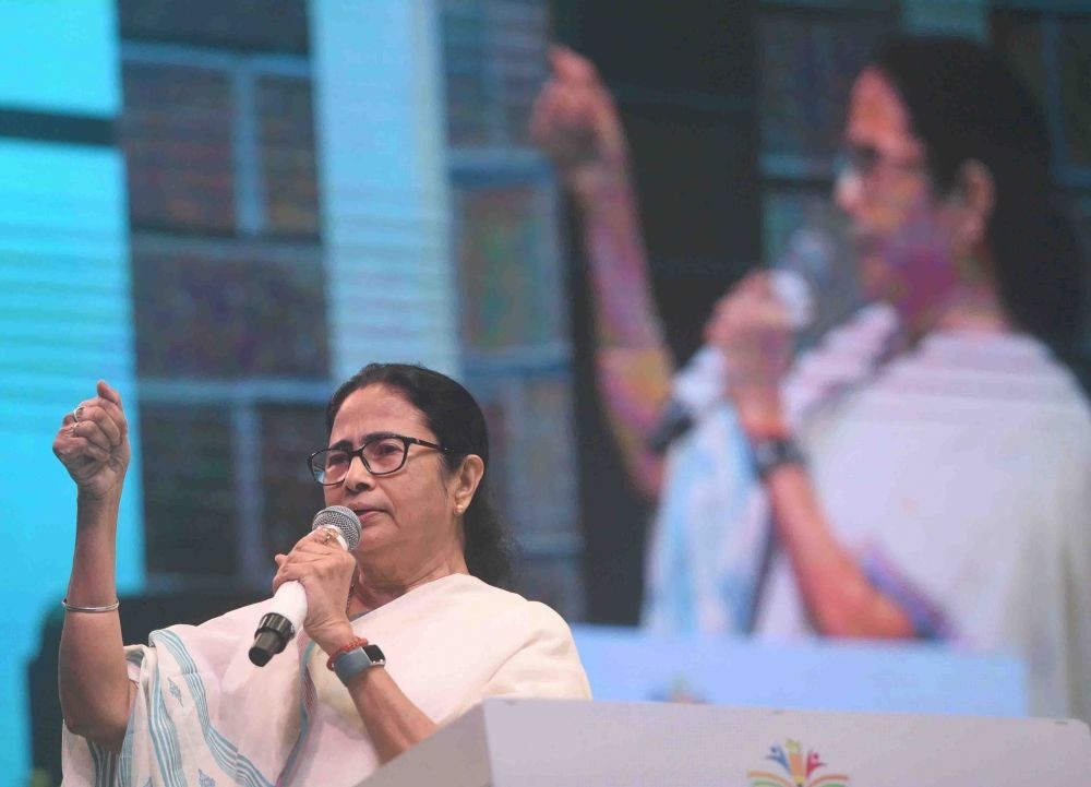 Kolkata:West Bengal Chief Minister Mamata Banerjee addresses during the Children's day celebration at Netaji Indoor Stadium in Kolkata on Monday November 14,2022.(Photo:IANS)