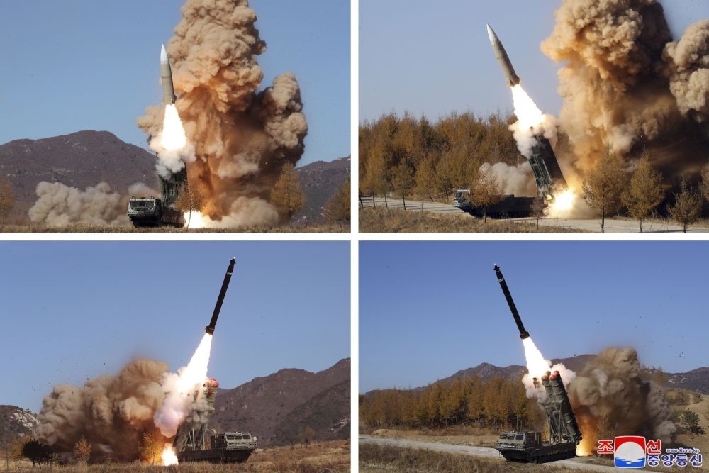 Seoul :This combined photo, released by North Korea's official Korean Central News Agency on Nov. 7, 2022, shows the North Korean military firing missiles into the East Sea and the Yellow Sea from Nov. 2-5 corresponding to a South Korea-U.S. joint air exercise.(Yonhap/IANS)