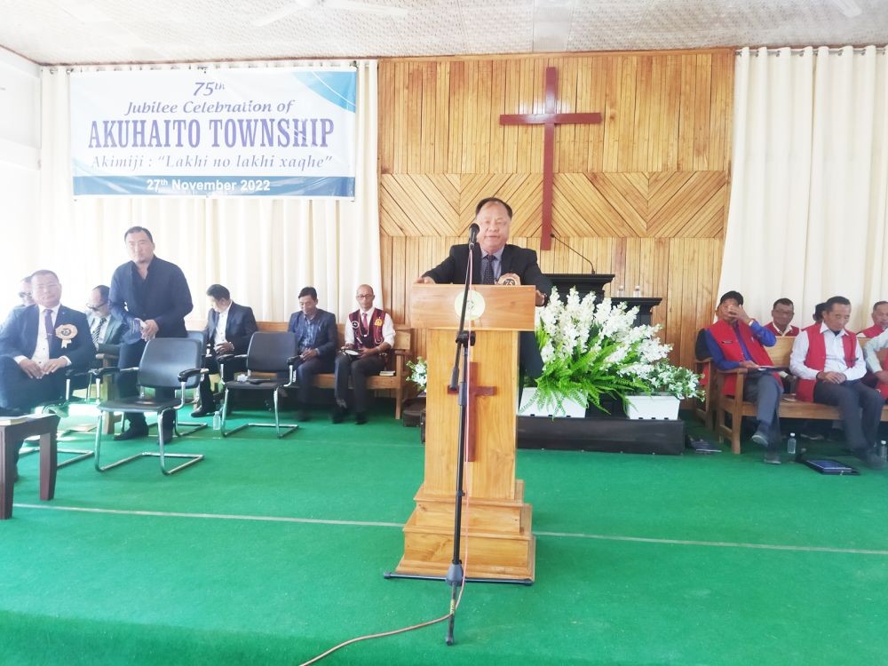 MLA Er Picto Shohe addressing the Jubilee programme at Akuhaito on November 27.