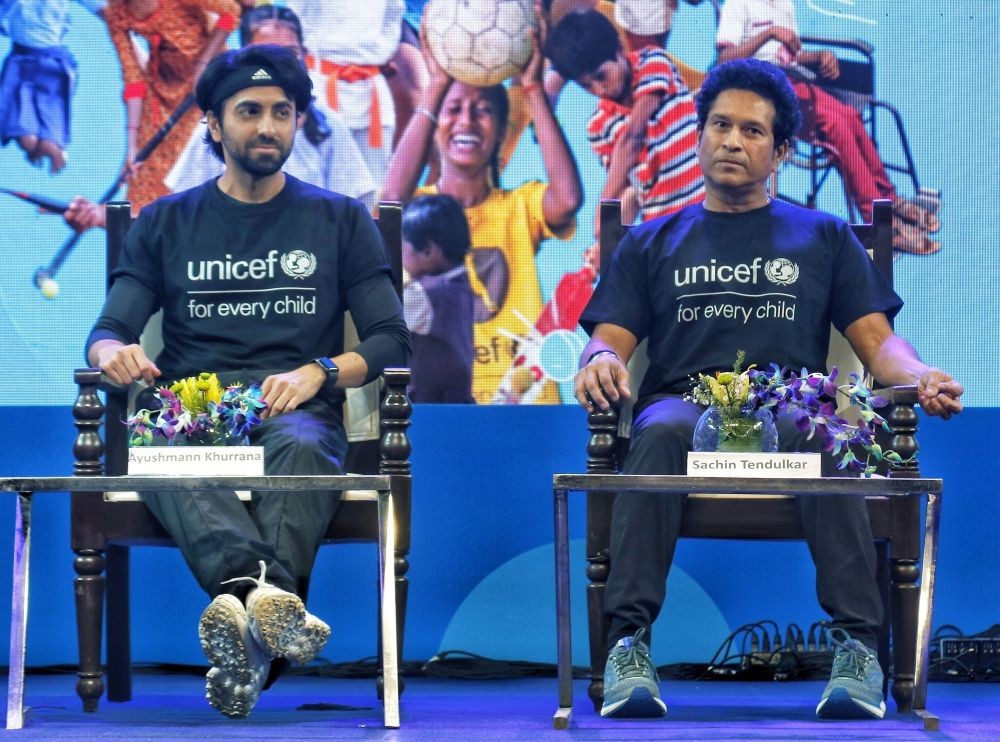 New Delhi: Former Indian cricketer Sachin Tendulkar and Actor Ayushman Khurana during an event of UNICEF on "World Children s Day" at Thyagaraj Sports Complex in New Delhi on Friday, November 18, 2022. (Photo: IANS/Wasim Sarvar)