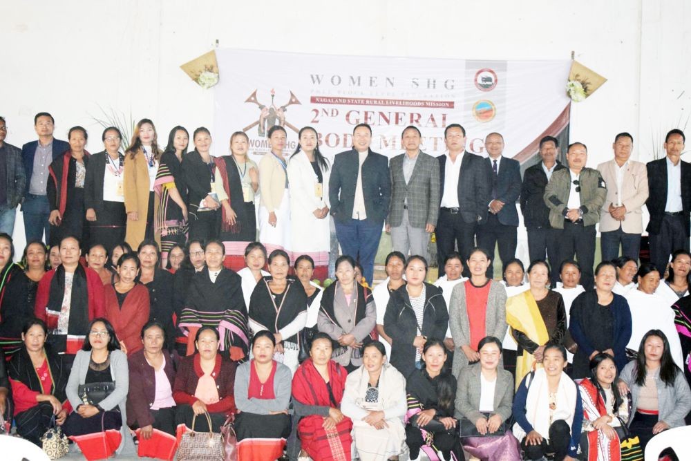 Kuzholuzo (Azo) Nienu with participants during the 2nd general body meeting of the women self help group, Phek Block Level Federation of Nagaland State Rural Livelihood Mission at Phek town hall on November 1.