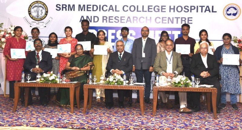 Students of SRM College of Occupational Therapy, who got placement in the US, during a Press Meet in Chennai on November 2.