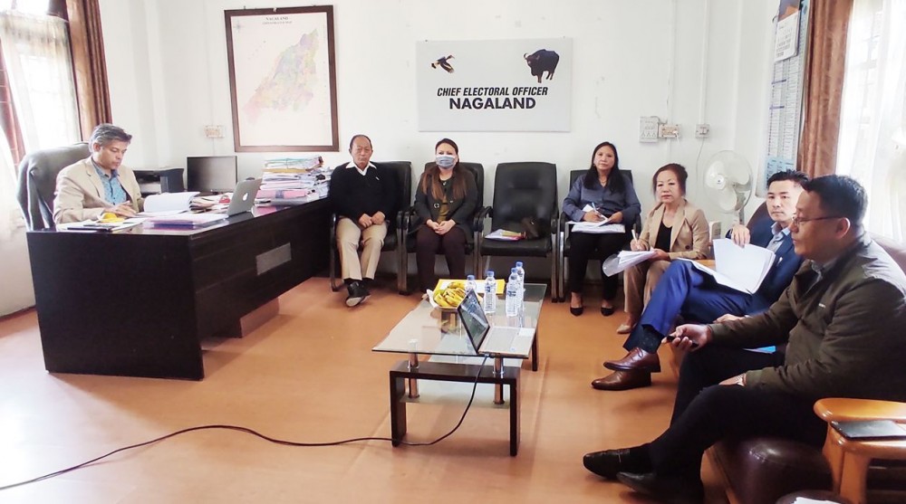 Nagaland CEO V Shashank Shekhar with the Electoral Roll Observers and other officials during the briefing in Kohima on November 7.