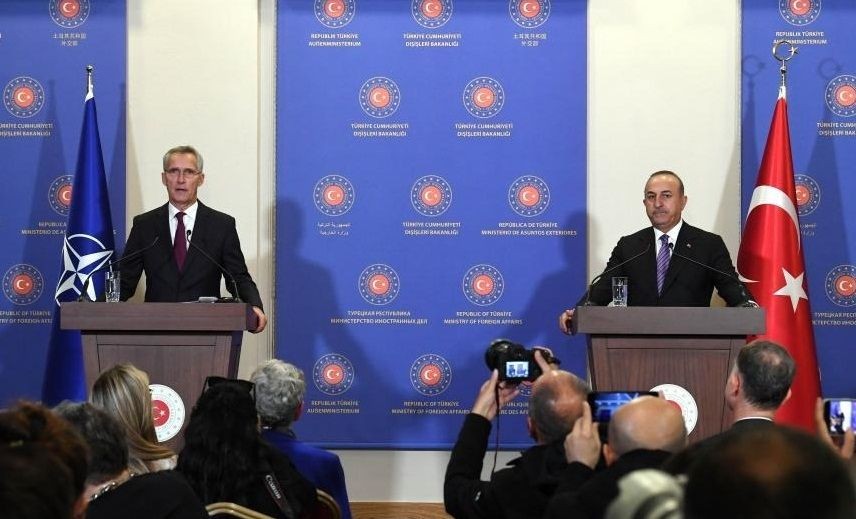 Turkish Foreign Minister Mevlut Cavusoglu (R, Rear) and NATO Secretary-General Jens Stoltenberg (L, Rear) attend a press conference in Istanbul on Nov. 3, 2022. (Xinhua/Shadati/IANS)