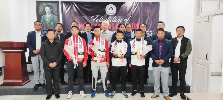 CWA officials with wrestling medalists from Chakhesang community in Kohima on November 17. (Morung Photo)