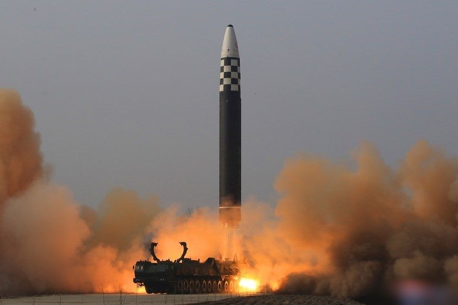 Photo provided by Korean Central News Agency (KCNA) on March 25, 2022 shows the test-launch of a new type intercontinental ballistic missile (ICBM) Hwasongpho-17 of the Democratic People's Republic of Korea (DPRK) strategic forces. (Korean Central News Agency/Handout via Xinhua/IANS)