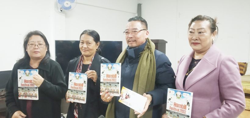 Advisor Khehovi Yepthomi and department officials launching the Hornbill Festival 2022 handbook on November 29. (Morung Photo)