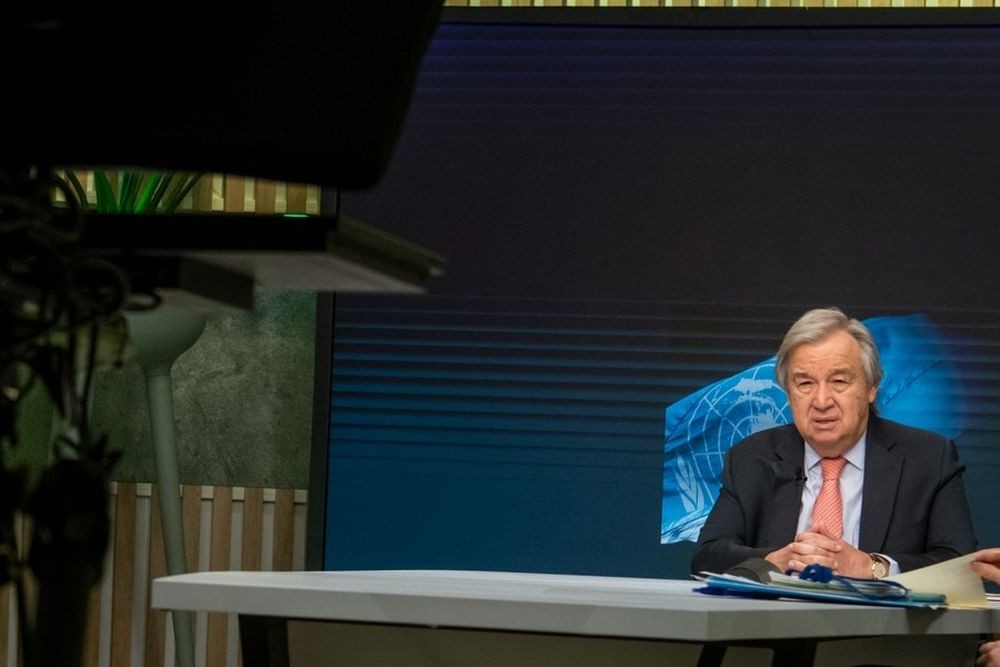 UN Secretary-General Antonio Guterres speaks during a virtual memorial service at the UN headquarters in New York, on June 22, 2022. (Mark Garten/UN Photo/Handout via Xinhua/IANS)