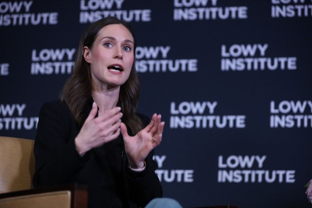 Finnish Prime Minister Sanna Marin speaking at the Lowy Institute think tank in Sydney.(photo:twitter.com/LowyInstitute)
