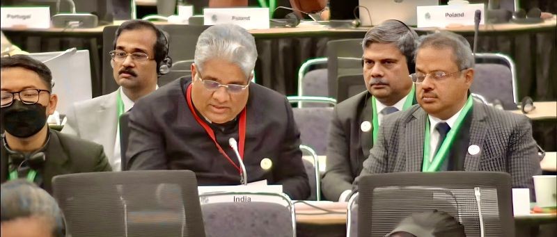 India's Environment, Forest and Climate Change Minister Bhupender Yadav addressing the stocktaking plenary at the UN Biodiversity Conference, COP15 in Montreal. (Photo Courtesy: Twitter/@byadavbjp)