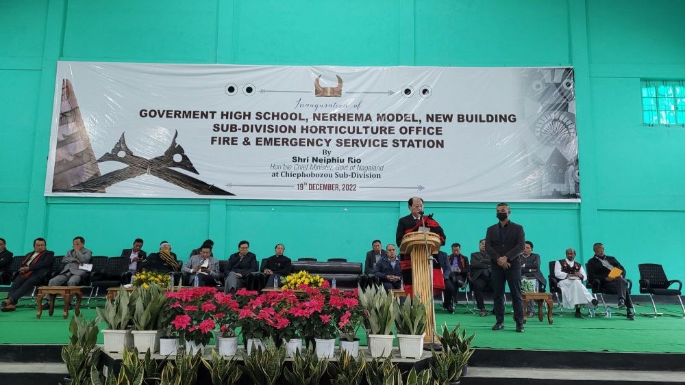 CM Neiphiu Rio addressing the public after inaugurating three projects within Chiephobozou Sub Division on December 19. (Morung Photo)