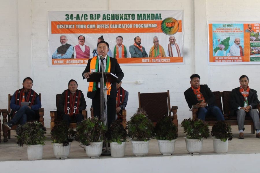 Hukiye N Tissicca speaking at the inauguration of 34 A/C Aghunato BJP Mandal Office on December 15. 