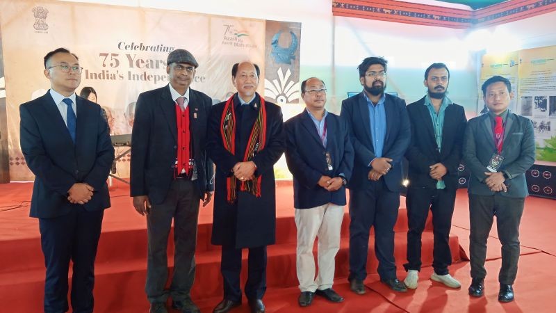 CM Neiphiu Rio and Narayanan Balasubramanian DG (NEZ) Ministry of Information and broadcasting along with other officials during the inauguration of Multi Media exhibition on Azadi ka Amrit Mahotsav at Kisama on December 1.