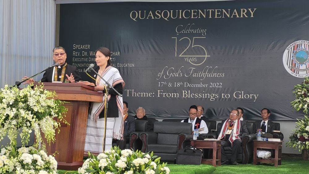 Rev. Dr. Wati Longchar speaking at the worship service on December 18. (Morung Photo)