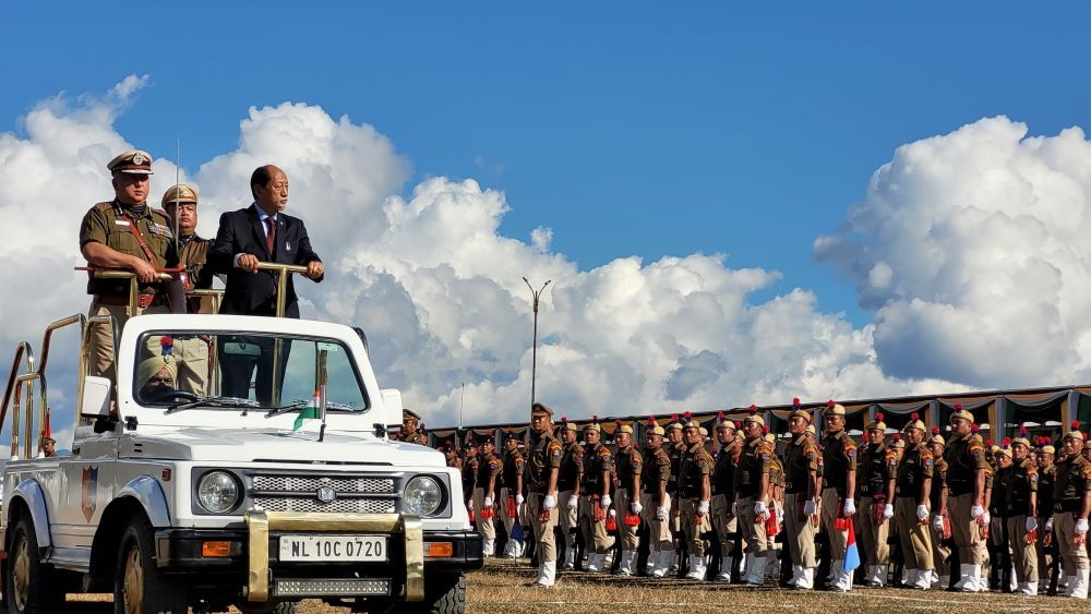 Nagaland Chief Minister Neiphiu Rio inspects the parade contingents during the celebration of the 60th Statehood Day in Kohima on December 1. (Morung Photo)