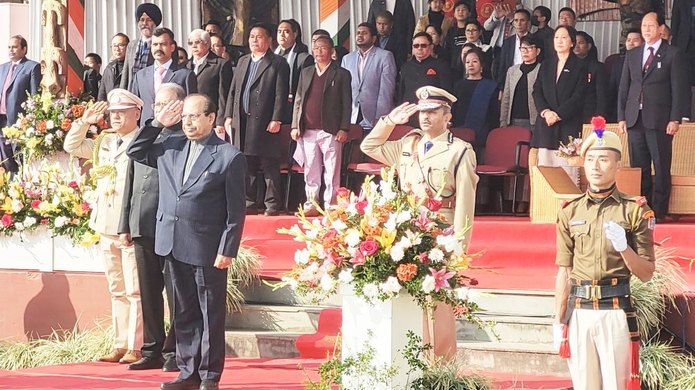 Nagaland Governor Prof Jagdish Mukhi takes salute during 74th Republic Day celebration in Kohima on January 26. (Morung Photo)