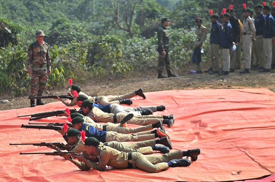 Agartala: NCC cadets (National Corps), firing in shooting competition during Combined Annual Training Camp in Agartala on Friday January 13,2023.(Photo: Abhisek Saha/IANS)