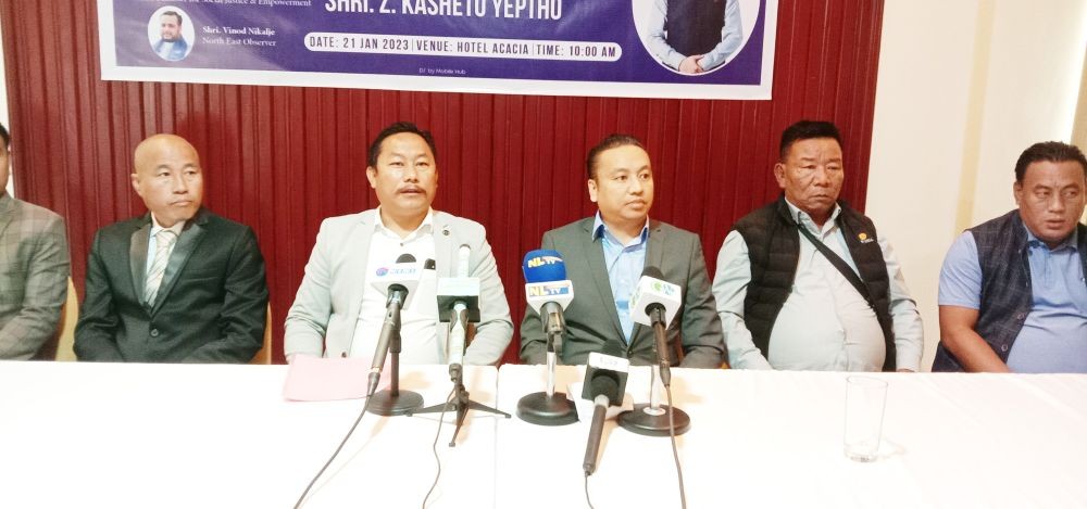 RPI (A) candidate from 5 Ghaspani II AC, Z Kasheto Yepthomi with the party’s state unit President Mughato Ayemi, flanked by party workers at the press conference in Dimapur on January 21. (Morung Photo)