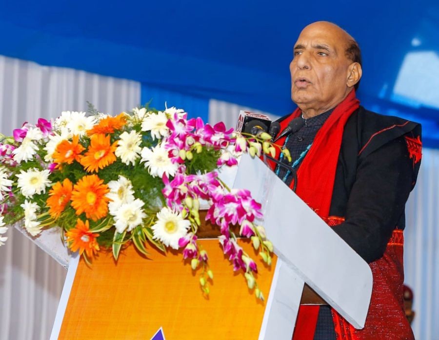 Arunachal Pradesh: Union Defence Minister Rajnath Singh at the inauguration and dedication to the nation 28 infrastructure projects including bridges & roads of Border Roads Organisation (BRO), worth Rs 724 crore at Siyom Bridge on Along-Yingkiong Road, in Arunachal Pradesh on Tuesday, January 03, 2023. (Photo: Twitter)
