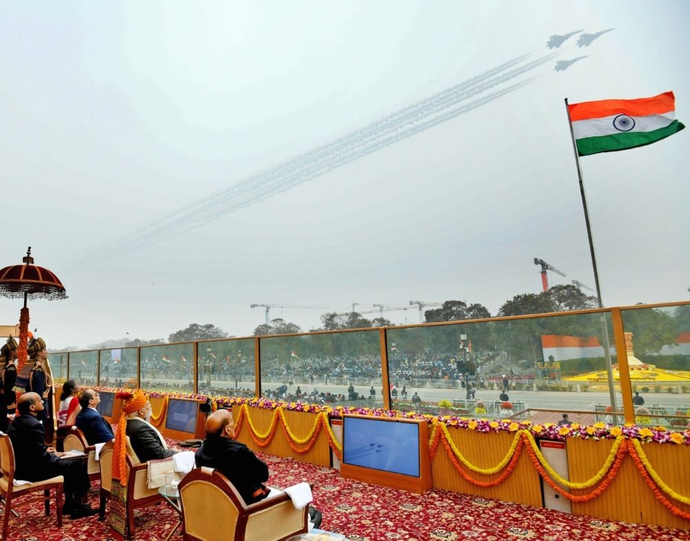 New Delhi: Indian Air Force's Sukhoi aircrafts fly past during the 74th Republic Day parade at the Kartavya Path, in New Delhi on Thursday, January 26, 2023. (Photo:IANS/PIB)