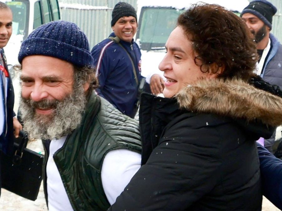 Srinagar: Congress leaders Rahul Gandhi and Priyanka Gandhi play with snow at 'Bharat Jodo Yatra' camp site in Srinagar,on Monday,Jan 30,2023. (Photo:IANS/Twitter)