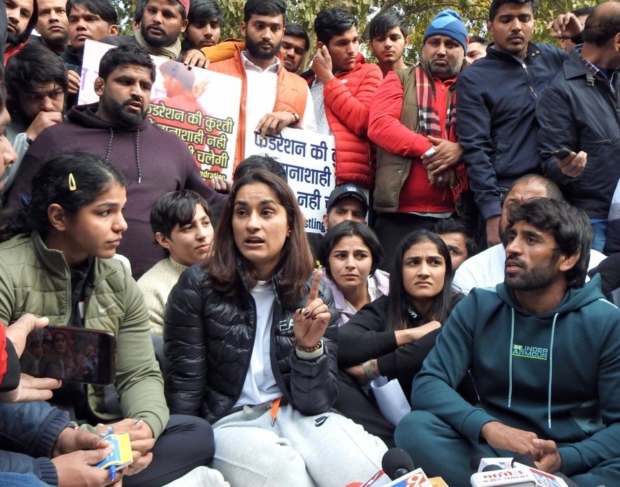 New Delhi: Indian wrestlers Sakshee Malikkh, Vinesh Phogat and Bajrang Punia with others addressing the media during their protest against the Wrestling Federation of India (WFI) president Brij Bhushan, at Jantar Mantar in New Delhi on Wednesday, Jan. 18, 2023. (Photo: IANS/Anupam Gautam)