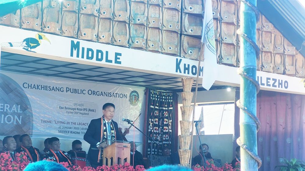 CPO President Vezühü Keyho delivering the presidential address during the 41st General session of CPO at Middle Khomi village. (Morung Photo)