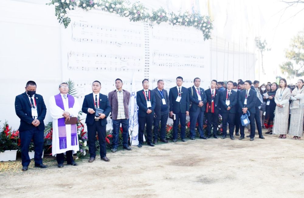 Rev Neivilie Zuyie and others during the flag hoisting ceremony on January 27.