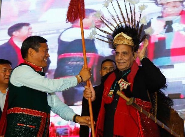 Arunachal Pradesh: Union Defence Minister Rajnath Singh at the inauguration and dedication to the nation 28 infrastructure projects including bridges & roads of Border Roads Organisation (BRO), worth Rs 724 crore at Siyom Bridge on Along-Yingkiong Road, in Arunachal Pradesh on Tuesday, January 03, 2023. (Photo: Twitter)