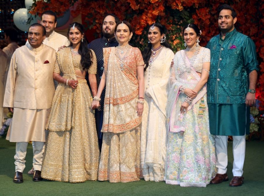 Mumbai: Industrialist Mukesh Ambani with family members pose for a photograph during the engagement party of his son Anant Ambani and daughter-in-law Radhika Merchant, in Mumbai on Thursday, Jan. 19, 2023. (Photo: Sanjay Tiwari/IANS)
