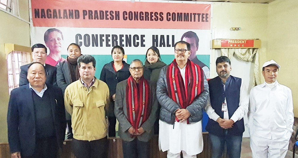 The Congress Screening Committee—  Mohan Prakash (Third from left), Sanjay Dutt (Third from right) and Ranajit Mukherjee (Second from left) with state Congress party workers in Kohima on January 12.