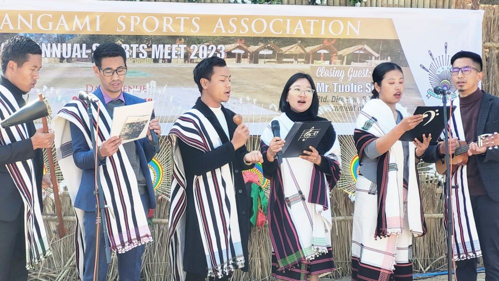 A jubilant Kigwema group performs a special number during the recently concluded 61st annual sports meet 2023 of the Southern Angami Sports Association (SASA) at Phesama village in Kohima district. (Morung Photo)