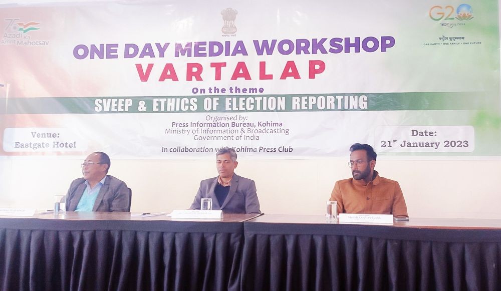 (From left) K Sonikumar Singh, IIS, Assistant Director, PIB, Kohima; Chief Electoral Officer, V Shashank Shekhar, IAS; and Deputy Commissioner of Kohima, Shanavas C, IAS during the event on January 21. (Morung Photo)