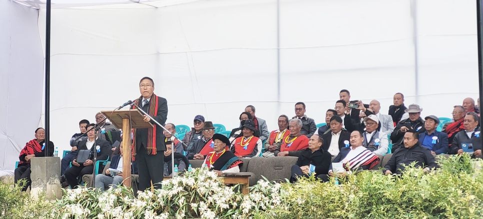 Kevipodi Sophie addressing his election campaign kick-off programme at Jakhama on February 6. (Morung Photo)