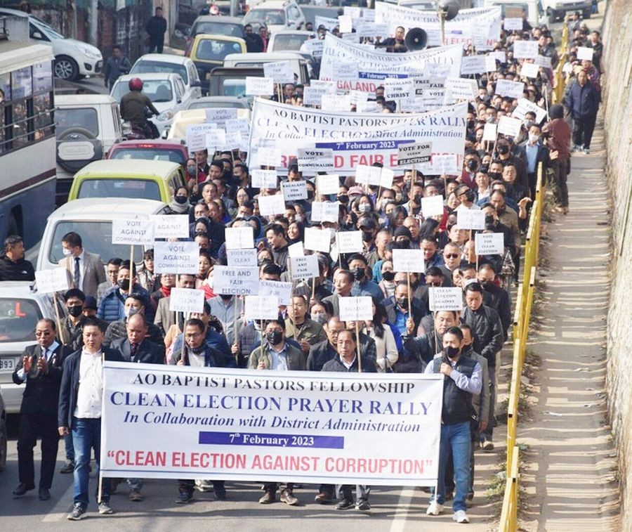Ao Baptist Pastors’ Fellowship in collaboration with District Administration and District Election Office organised a ‘Clean Election Prayer Rally’ in Mokokchung on February 7. (DIPR Photo)