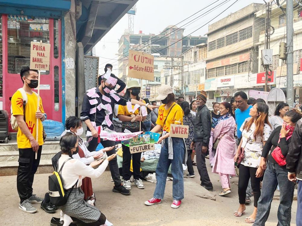 Students of OTS during the ‘Clean Election: Non Verbal Social Theatre’ in Dimapur on February 11. (Morung Photo)