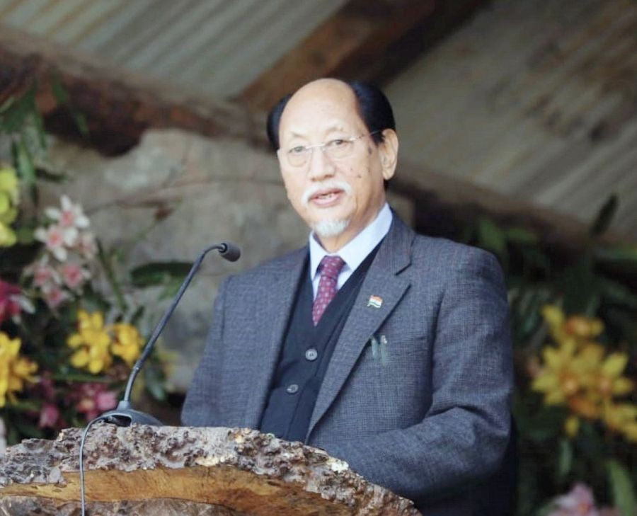 Nagaland Chief Minister Neiphiu Rio speaking at the NDPP campaign programme in Khonoma (Picture Courtesy: Twitter@NeiphiuRio)