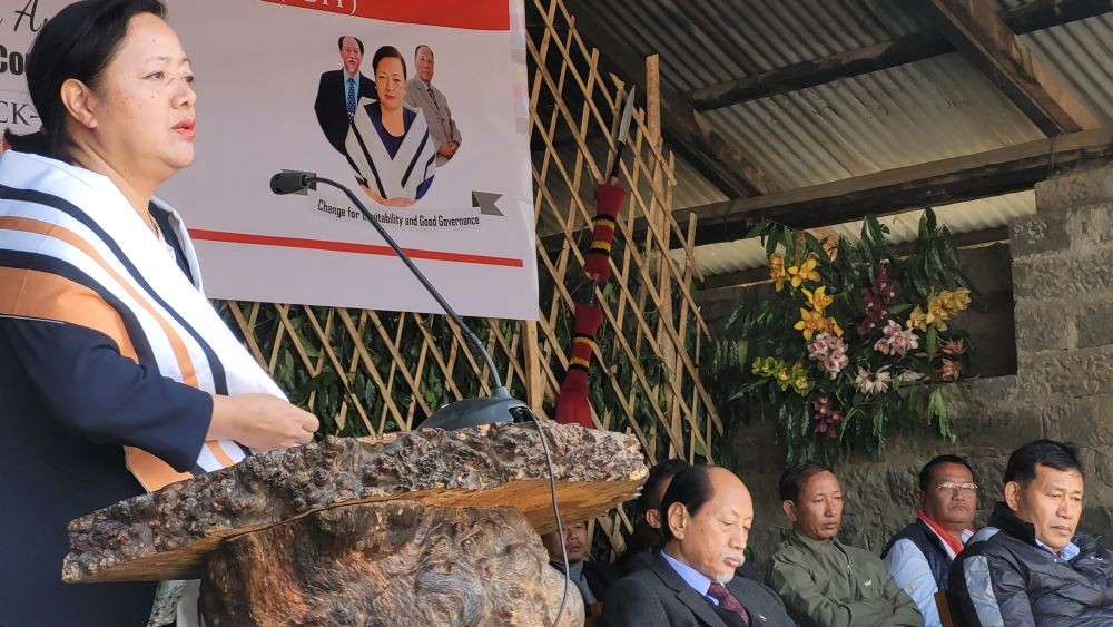 NDPP candidate Salhoutuonuo Kruse speaking at the campaign kick-off programme at Khonoma on February 9. (Morung Photo)