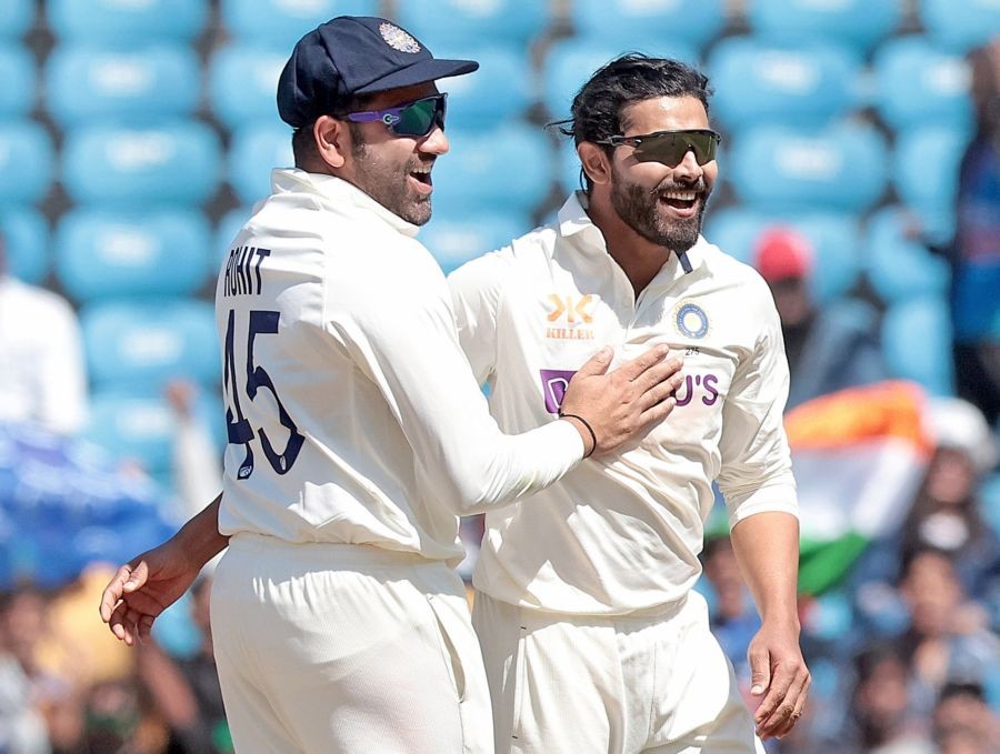 Nagpur: Indian captain Rohit Sharma with Ravindra Jadeja during the first day of the first cricket match between India and Australia in Nagpur on Thursday, Feb. 9, 2023.(Photo:Raj Kumar/IANS)