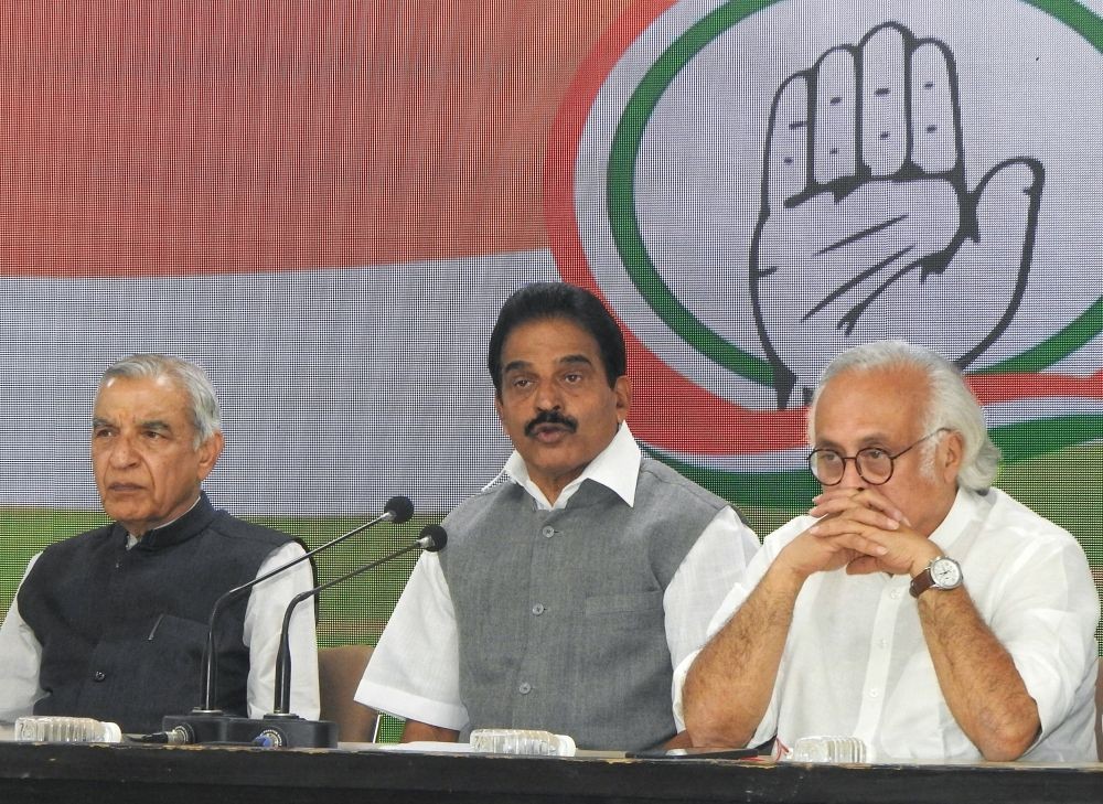 New Delhi: Congress senior leaders K.C. Venugopal, Jairam Ramesh, Kumari and Pawan Bansal addresses during a press conference at Congress HQ in New Delhi on Sunday, Feb. 19, 2023. (Photo: Anupam Gautam/IANS)