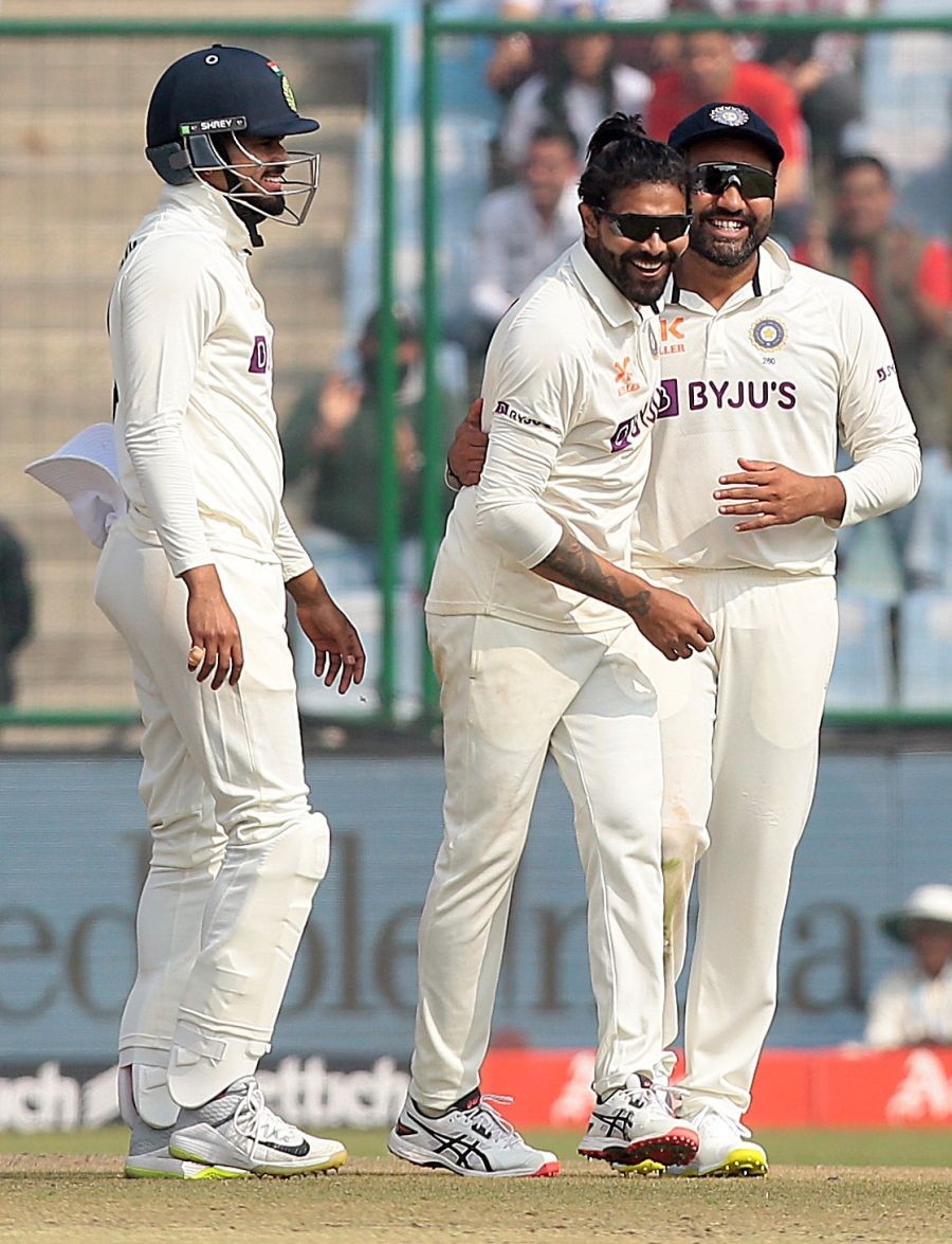 New Delhi : India's Ravindra Jadeja celebrates a dismissal with captain Rohit Sharma during the third day of the second cricket test match between India and Australia at Arun Jaitley stadium in New Delhi on Sunday, Feb. 19, 2023.(Photo:Raj Kumar/IANS)