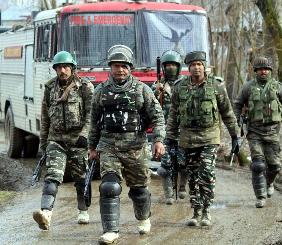 Kupwara: Soldiers at the site of an encounter with militants in Jammu and Kashmir\'s Kupwara district on March 3, 2019. Two militants, five security men and a civilian were killed in the 48-hour-long gunfight that ended. (Photo: IANS)