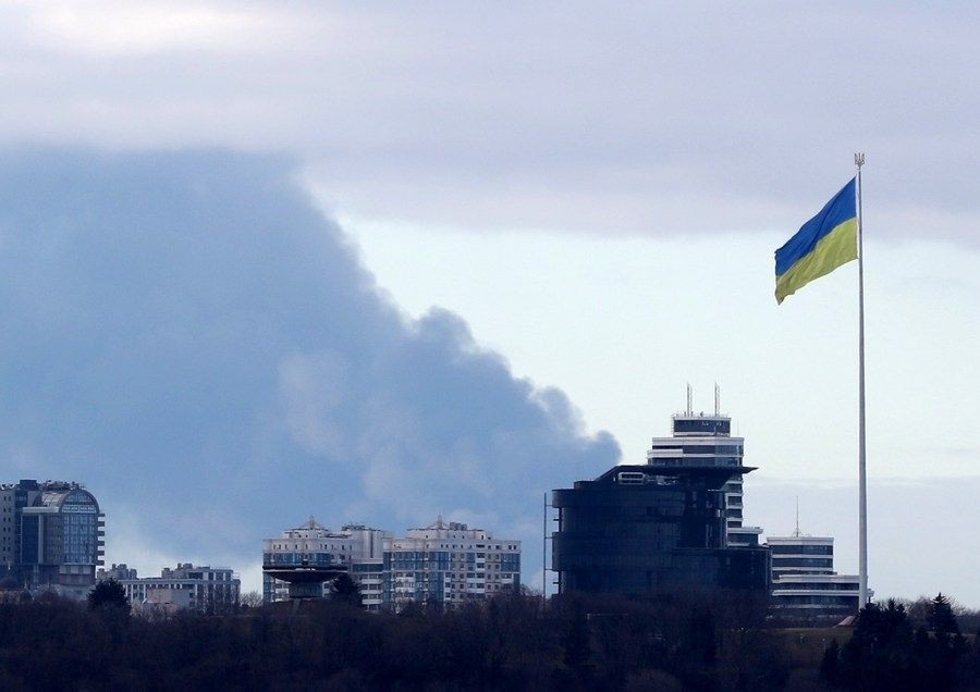 Smoke rising in the sky in Kiev, Ukraine on Feb. 27, 2022. (Xinhua/Lu Jinbo/IANS)