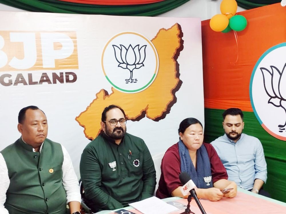 Union Minister, Rajeev Chandrashekhar with BJP officials during the press conference in Dimapur on February 20.
