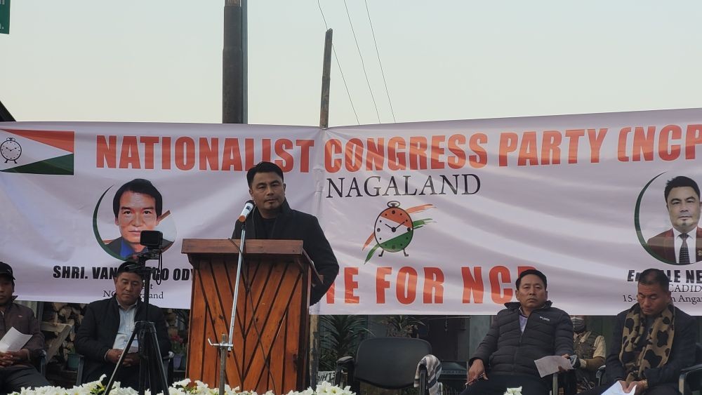 Er Zale Neikha addressing supporters at Viswema on February 3. (Morung Photo)