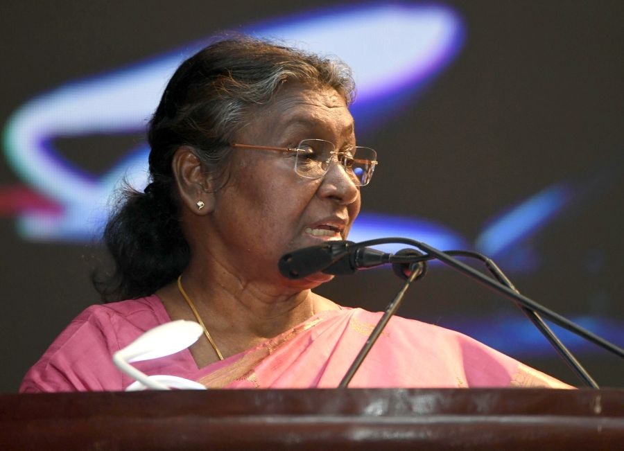 Cuttack: President Droupadi Murmu addresses during the inauguration of the 2nd Indian Rice Congress at ICAR-National Rice Research Institute, in Cuttack, on Saturday, Feb. 11, 2023. (Photo:IANS/Twitter)