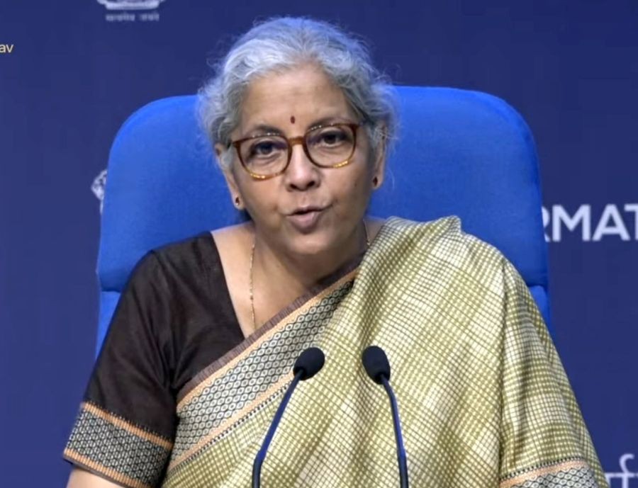 New Delhi: Union Finance and Corporate Affairs Minister Nirmala Sitharaman address a press conference after the 49th GST Council meeting, in New Delhi,on Saturday, Feb 18, 2023.(Photo:IANS/Twitter)