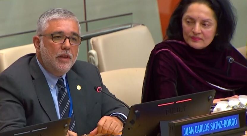 Dean and Professor at University of Peace Jaun Carlos Sainz-Borgo speaks at the routable on Gandhian Trusteeship at the United Nations on Thursday, February 23, 2023. India's Permanent Representative Ruchira Kamboj is at right. (Photo Source: UN)