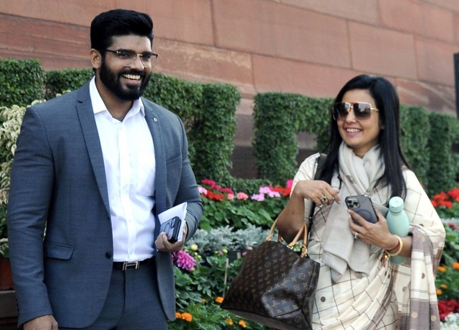 New Delhi: LJP MP Prince Raj and TMC MP Mahua Moitra at Parliament during the union budget session, in New Delhi on Thursday, Feb. 02, 2023. (Photo: Qamar Sibtain/IANS)